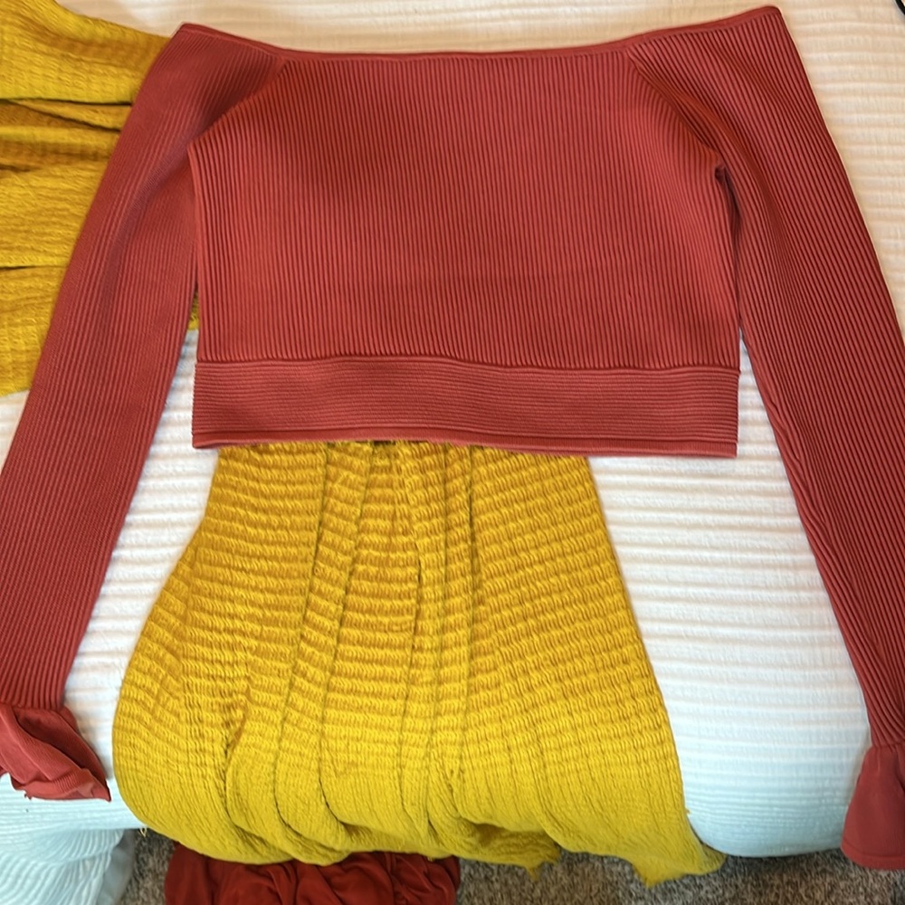 Burnt orange off-shoulder top by Gianni Bini. Large. Like new.